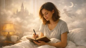 Osoba zapisuje sen w dzienniku zaraz po przebudzeniu w miękkim porannym świetle