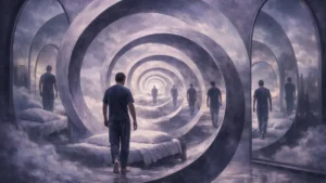 Wizualizacja powtarzającego się snu jako pętli czasowej z tą samą sceną wracającą wielokrotnie